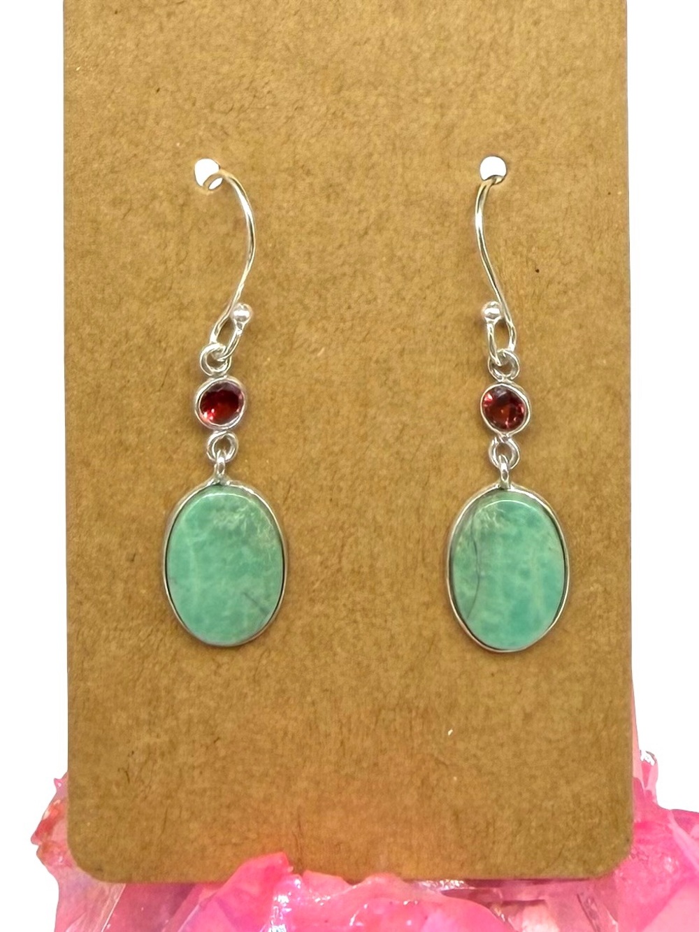 Aztec Mountain Turquoise & Garnet Earrings Solid 925 Sterling Silver Dangle Drop